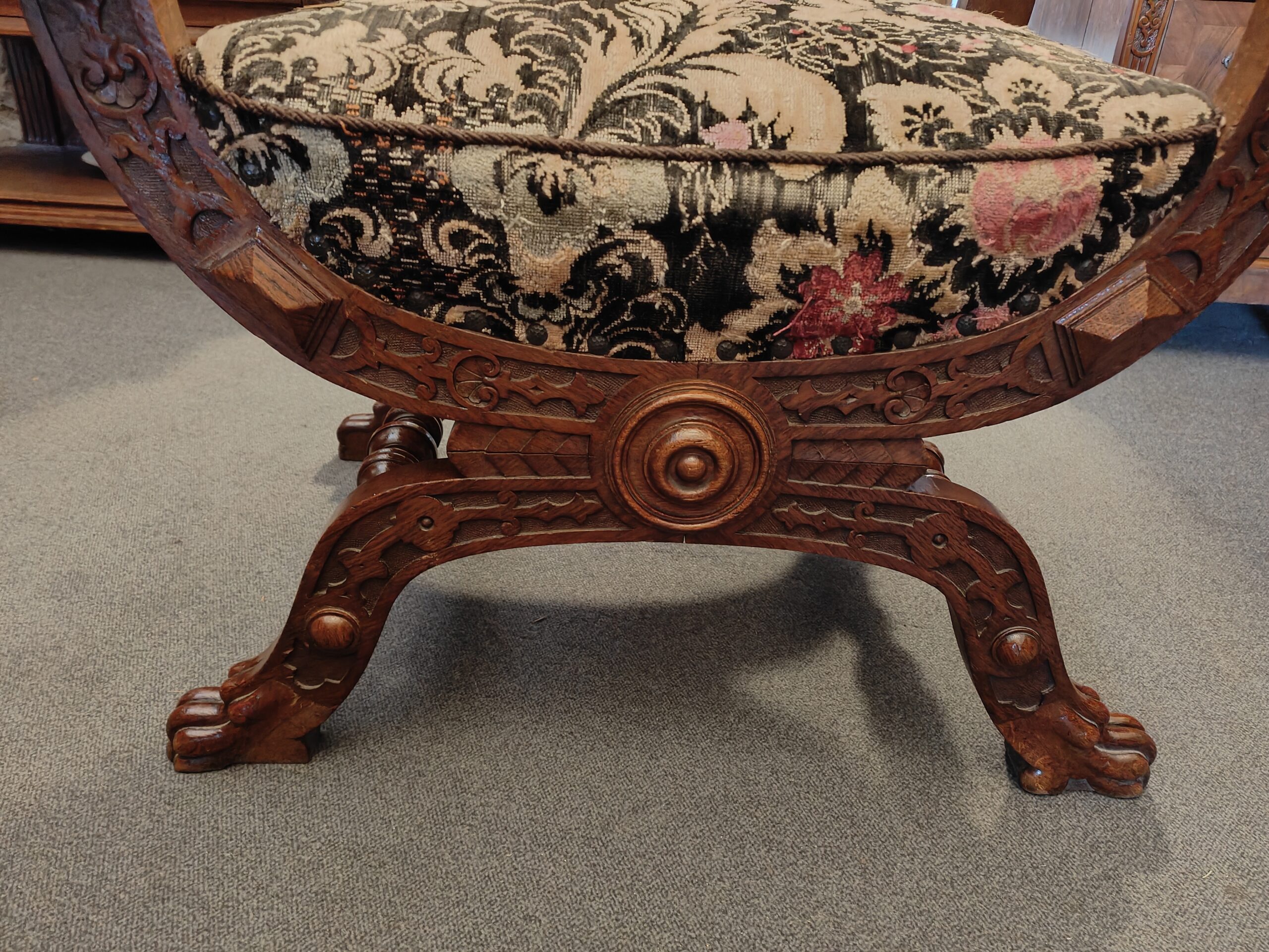 Mächtiger Lutherstuhl Scherensessel Dantesca Gründerzeit 1880 Eiche antik – Bild 11