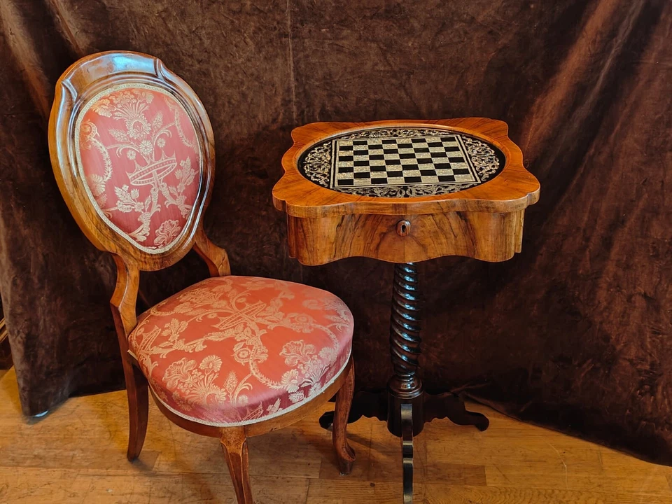 Spätbiedermeier Nähtisch Schachtisch mit Schachbrett Beistelltisch Nuss SELTEN! – Bild 4