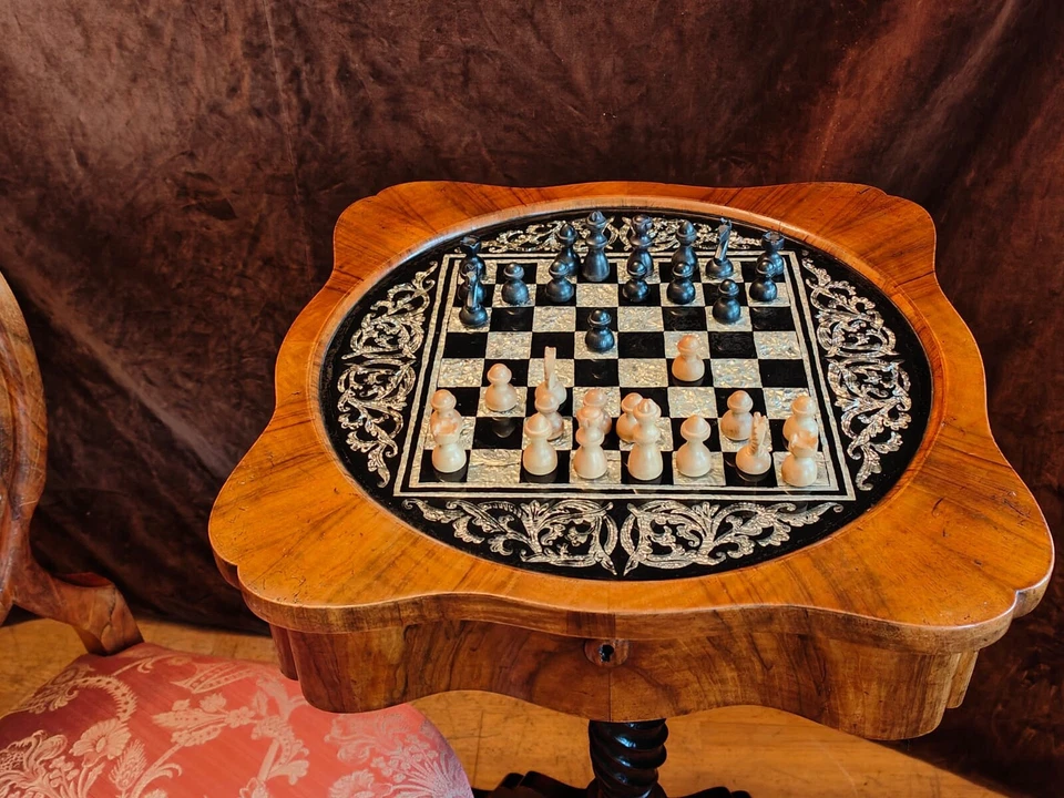 Spätbiedermeier Nähtisch Schachtisch mit Schachbrett Beistelltisch Nuss SELTEN! – Bild 6