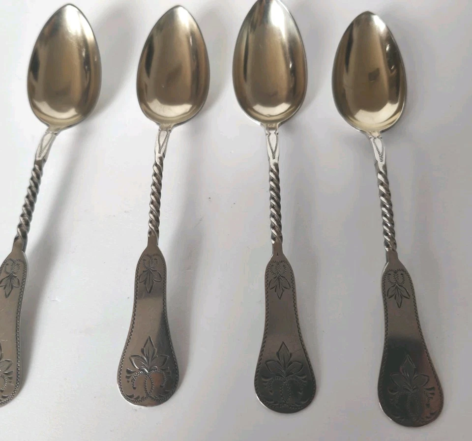 4 Silber Kaffee -/Tee- Löffel Handgraviert 1895 Set antik – Bild 8