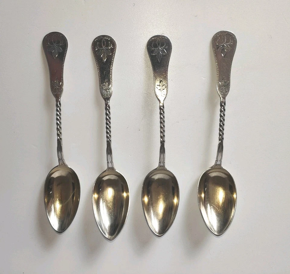 4 Silber Kaffee -/Tee- Löffel Handgraviert 1895 Set antik – Bild 2