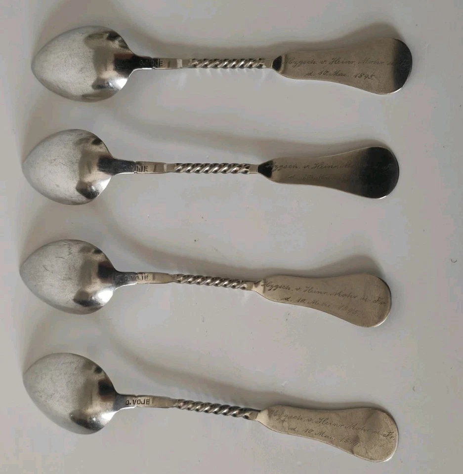 4 Silber Kaffee -/Tee- Löffel Handgraviert 1895 Set antik – Bild 3